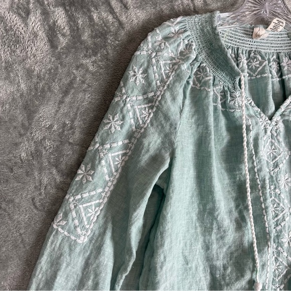 Joie Light Blue 100% Linen Embroidered Peasant Blouse Top Small Lagenlook Tassel - Picture 6 of 14